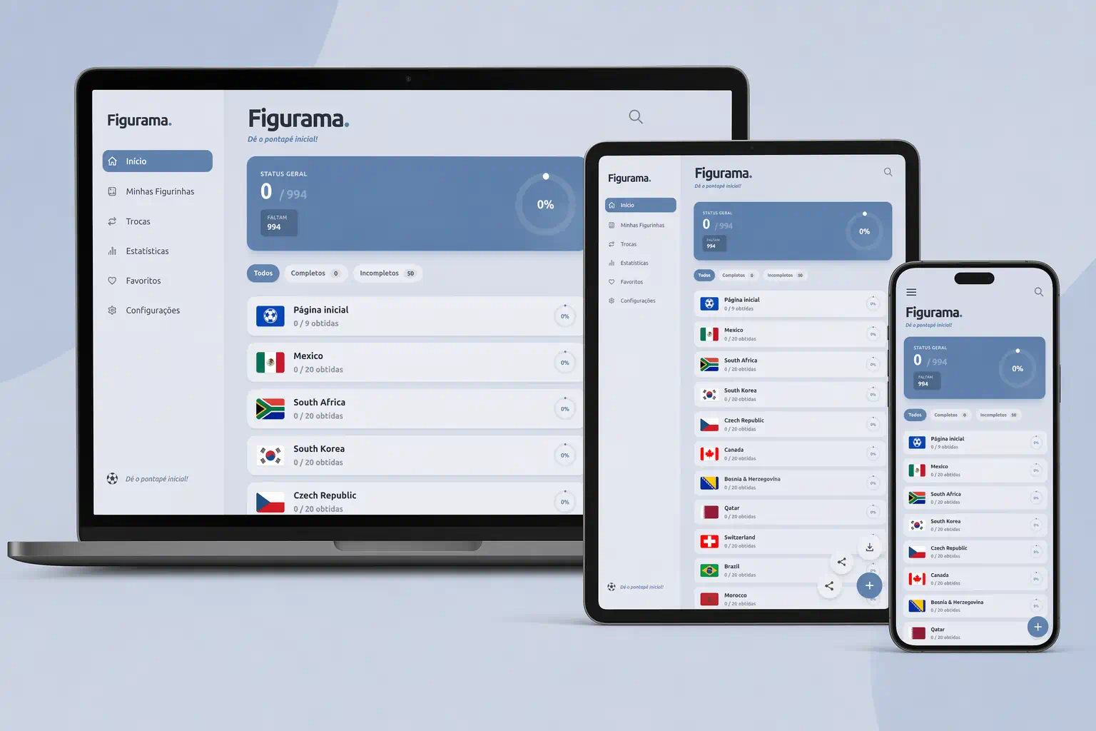 Aplicativo Figurama mostrando controle de figurinhas da Copa do Mundo 2026 em celular, tablet e notebook